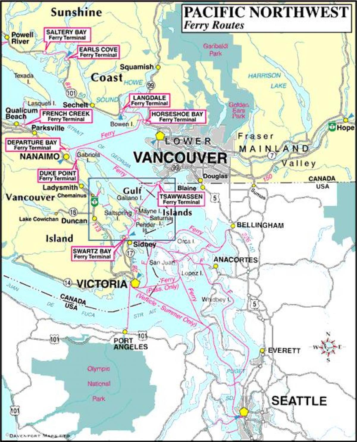 Острів Ванкувер поромних маршрутів по карті
