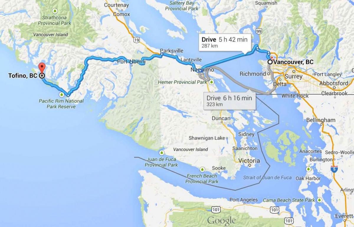 Карта Тофіно на острові Ванкувер 