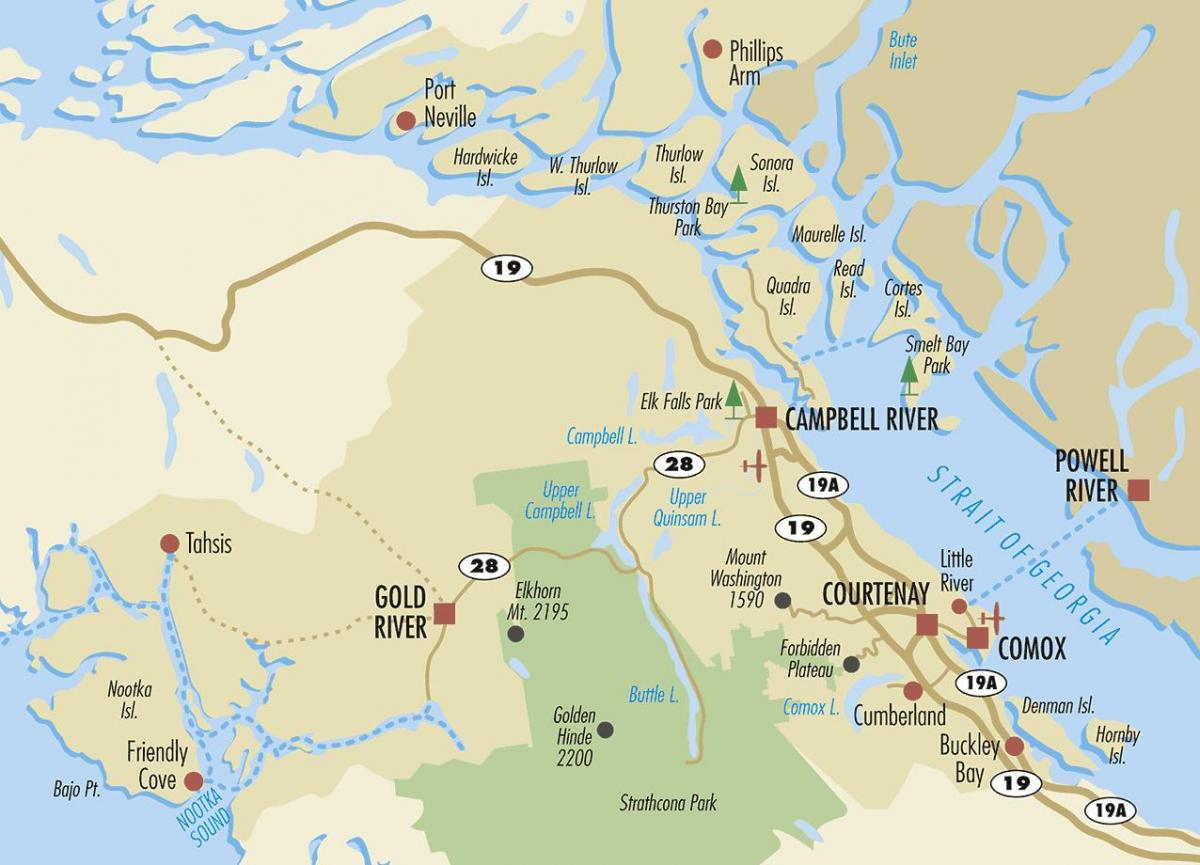 Кемпбел Рівер на карті острова Ванкувер 